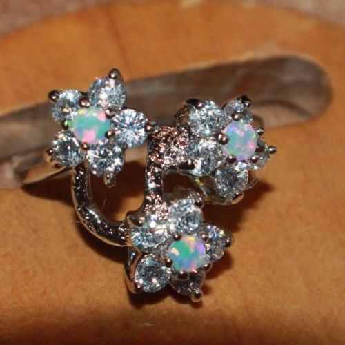 fire opal Cz ring gemstone silver jewelry Sz 6.5 7.5 cocktail engagement flower