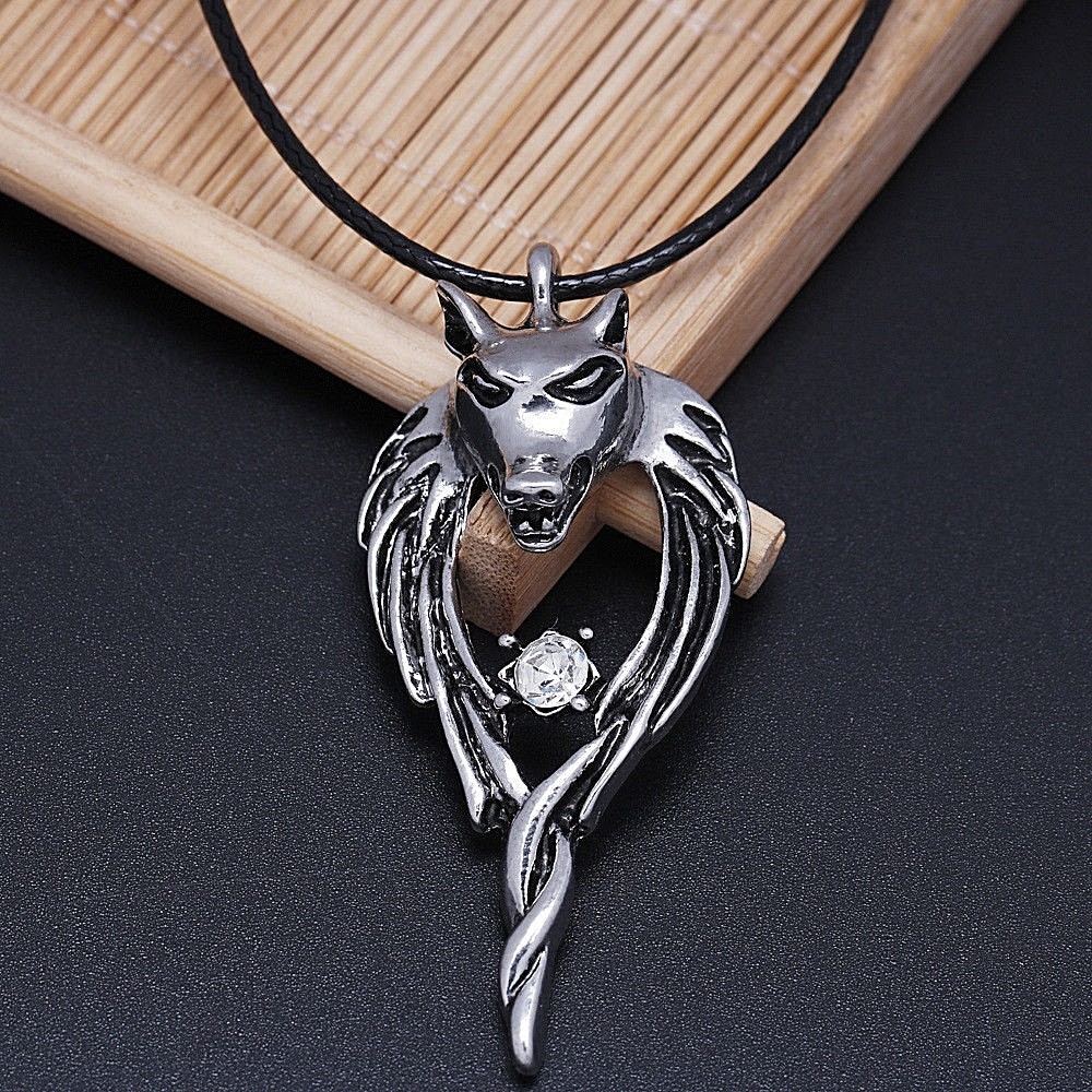 WOLF with Rhinestone 2-3/8″ x 1-1/8″ Charm Pendant Necklace with 16″ Black Rope
