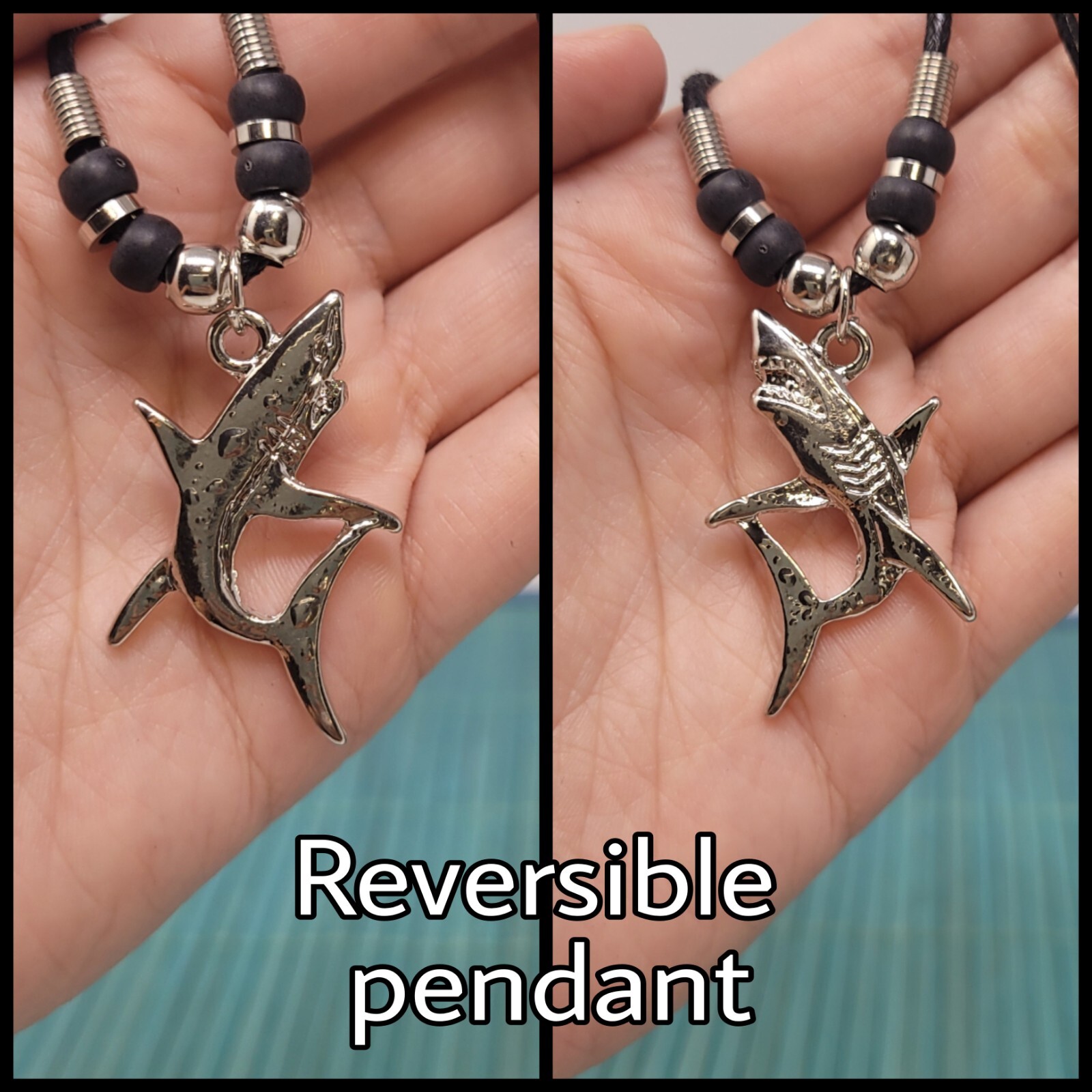 Silvertone Mako Shark Necklace Black Cord Unisex Pendant 18″ Ocean Jewelry