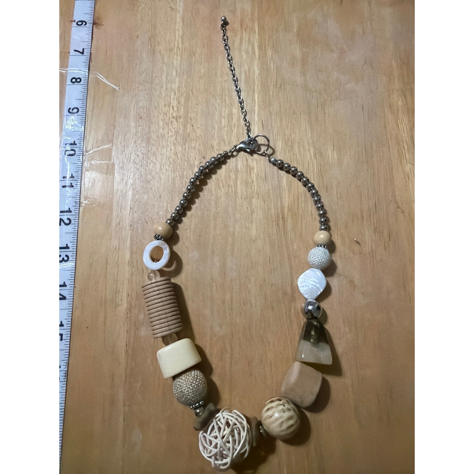 Mixed Media Chunky Statement Necklace Wood Rattan Fabric Shell Neutral Earthy
