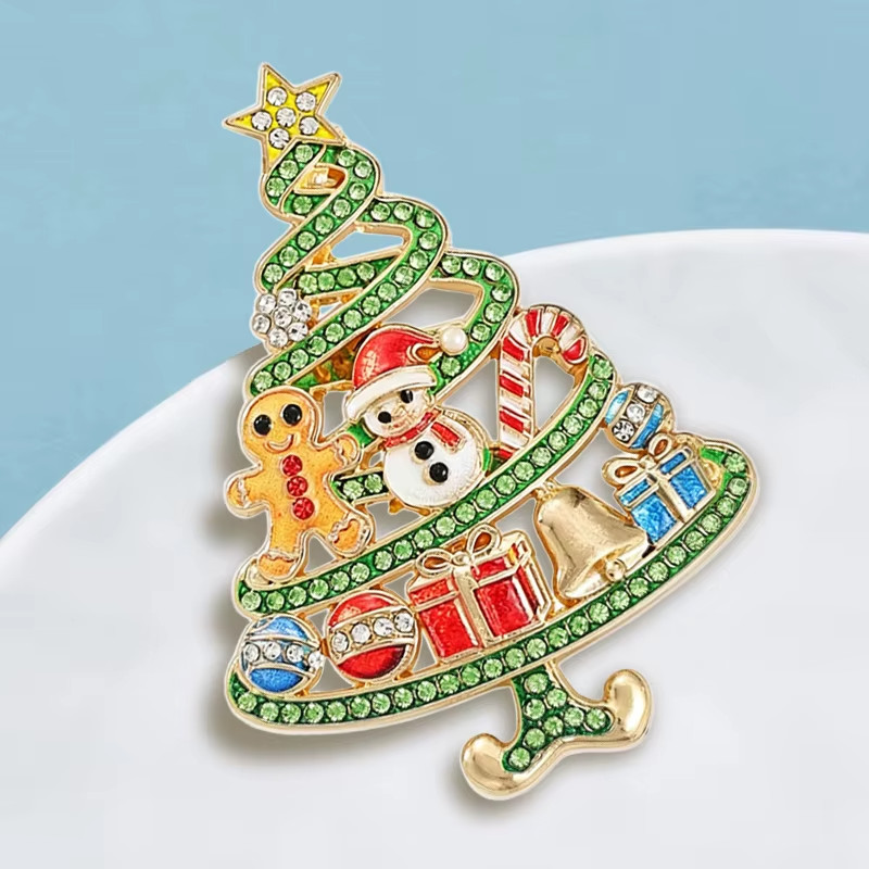 Snowman Christmas Tree Brooch Pin Rhinestone Enamel Holiday Gifts