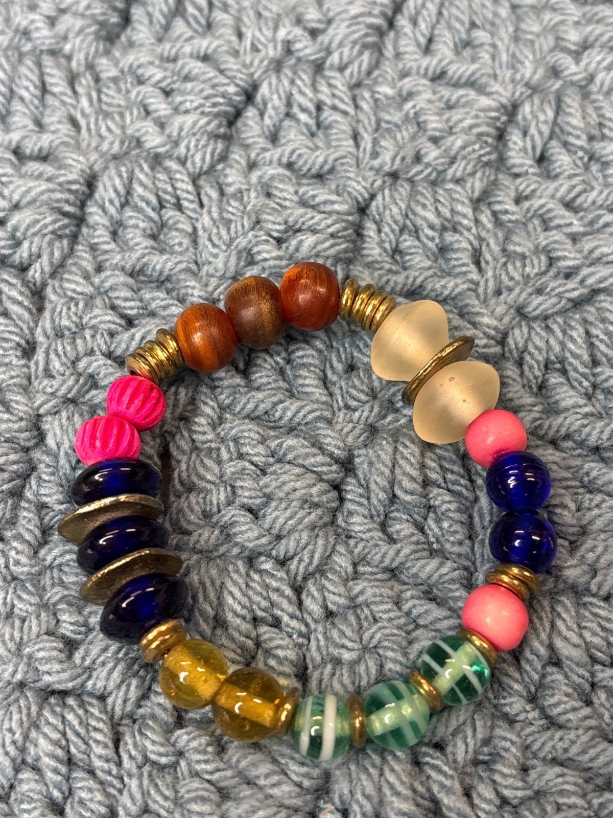Glass Wooden Plastic and Metal Beaded Bracelet Colorful 5.75 inches Unstretched