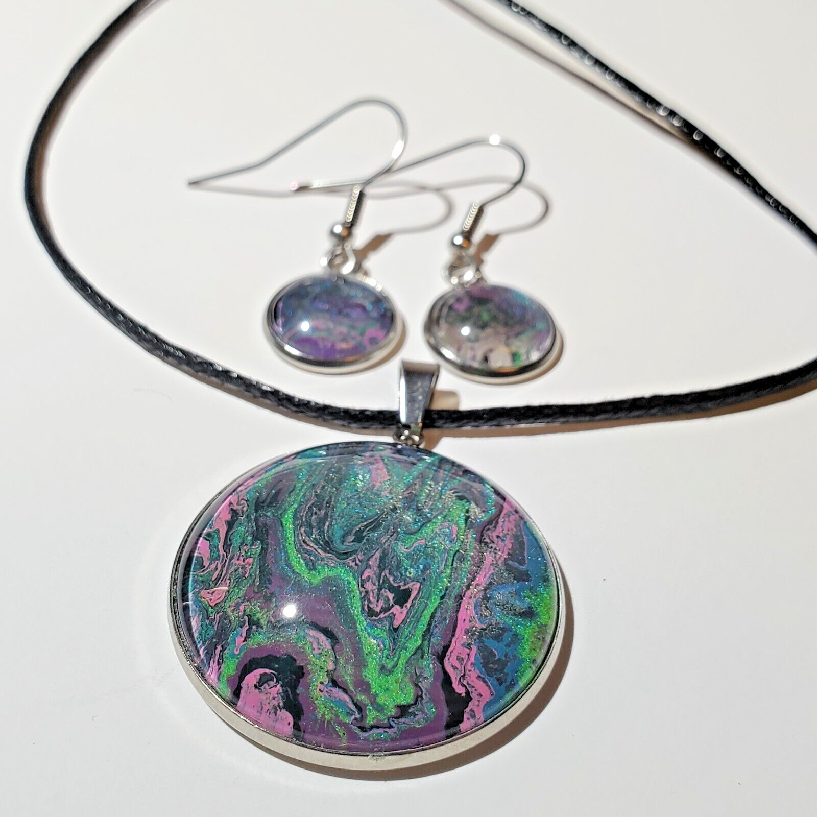 Necklace and Earrings Set, Acrylic Paint Pour Painting Jewelry, A9