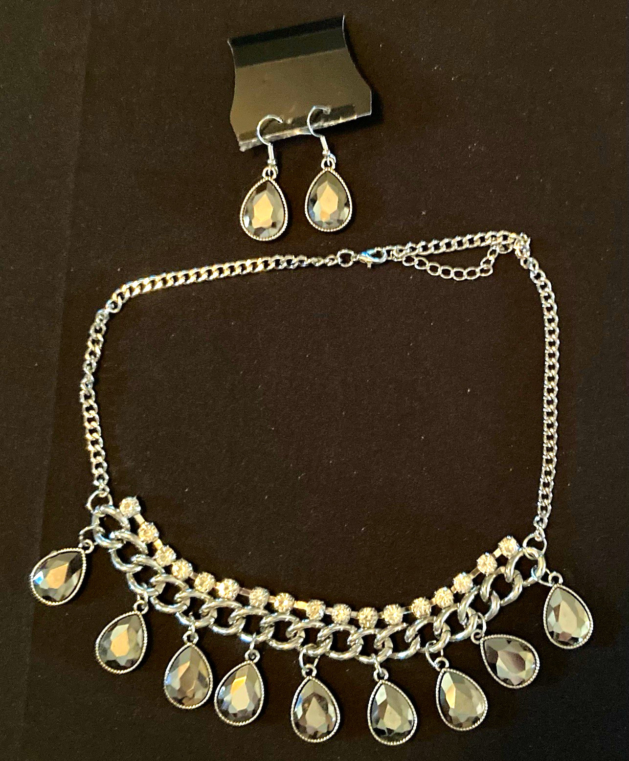 Silver Tone Teardrop Black Crystal Dangle Necklace & Earrings Jewelry Set