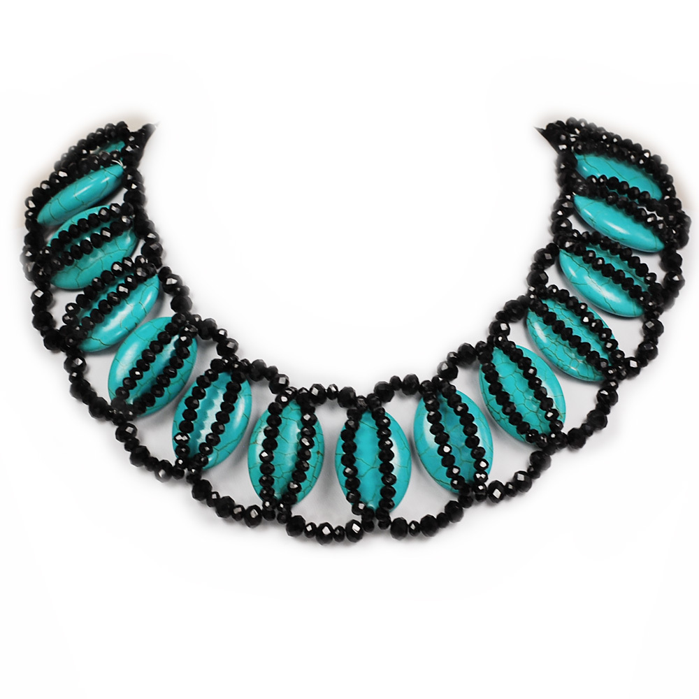 Magnesite Turquoise & Black Crystal Beads Necklace w/Silver Tone Clasp 18-20.5″