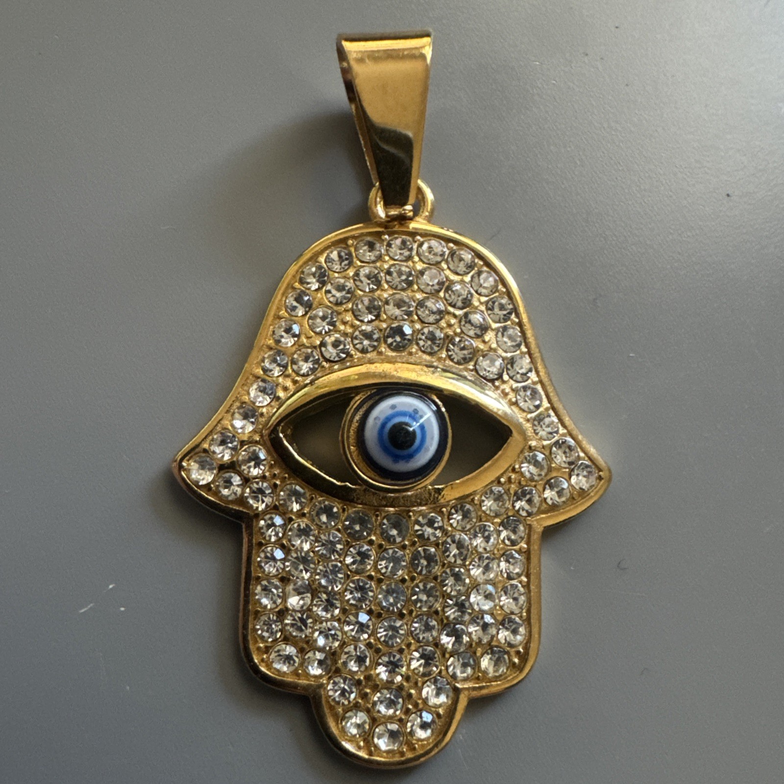 Gold Plated Hamsa Eye Cubic Zirconia Pendant 24 Inch Necklace Jewish Faith Gift