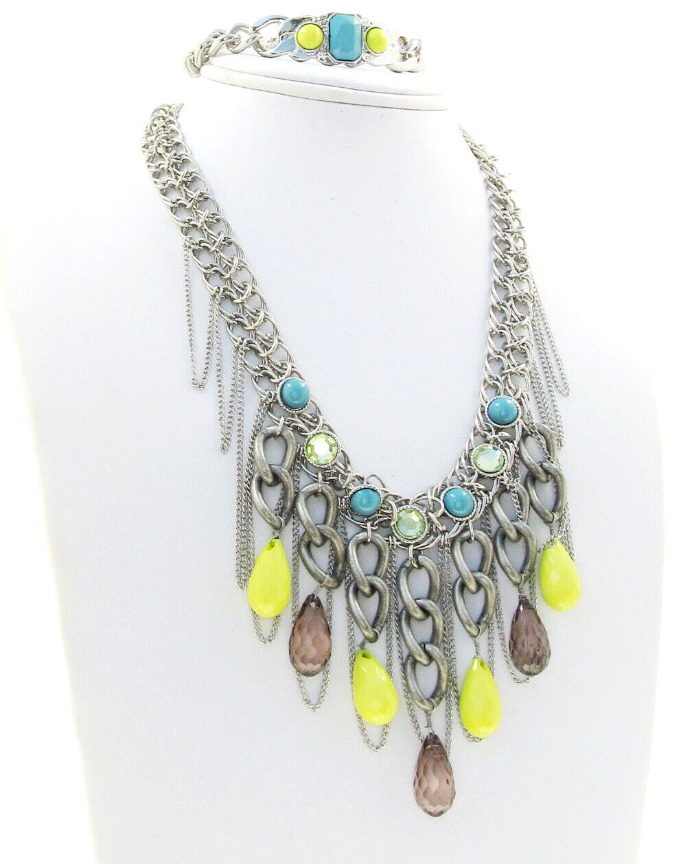 Jessica Simpson Blue Yellow Smoky Bead Chain Statement Necklace & Bracelet Set