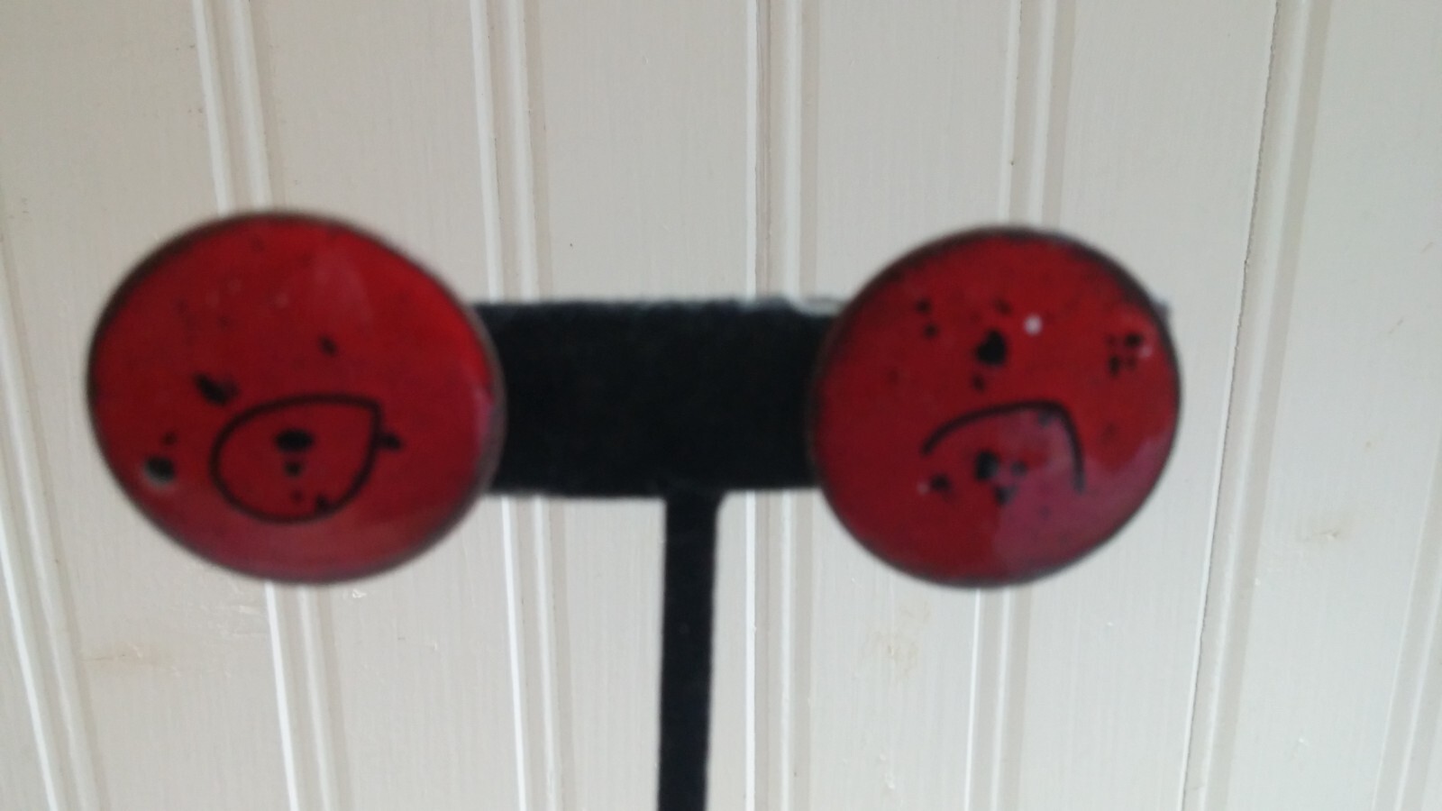 Vintage Red Black Enameled Copper Modern Art Disk Screw-Back Earrings