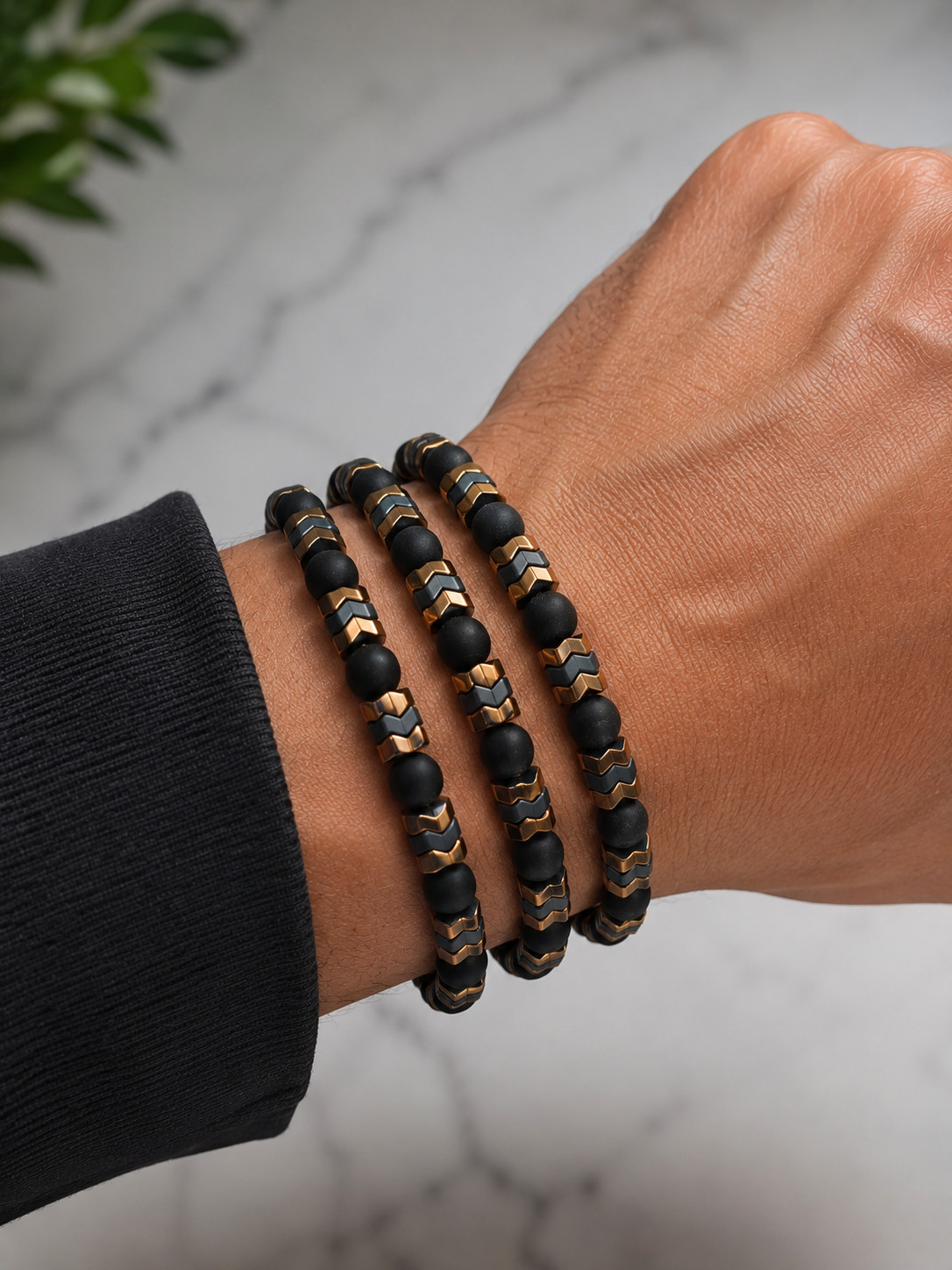 Men’s Lava Stone Bracelet Black Bead Hematite Stretch Bracelet Gift for Him