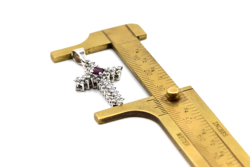 14k White Gold Diamond & Ruby Cross Necklace Pendant Elegant Fine Ladies Charm