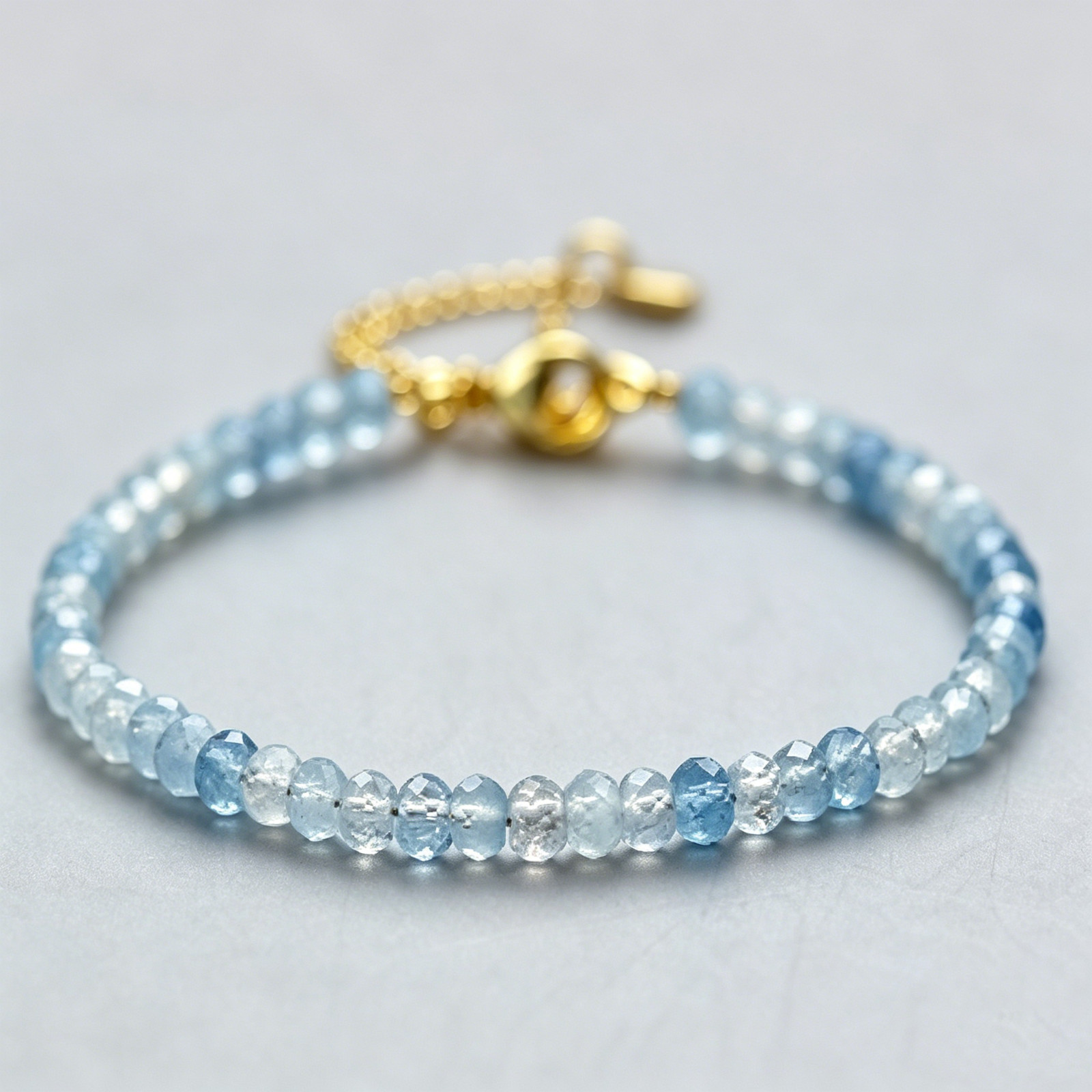 3mm Natural Aquamarine Faceted Beaded Adjustable Bracelet Gold Tone