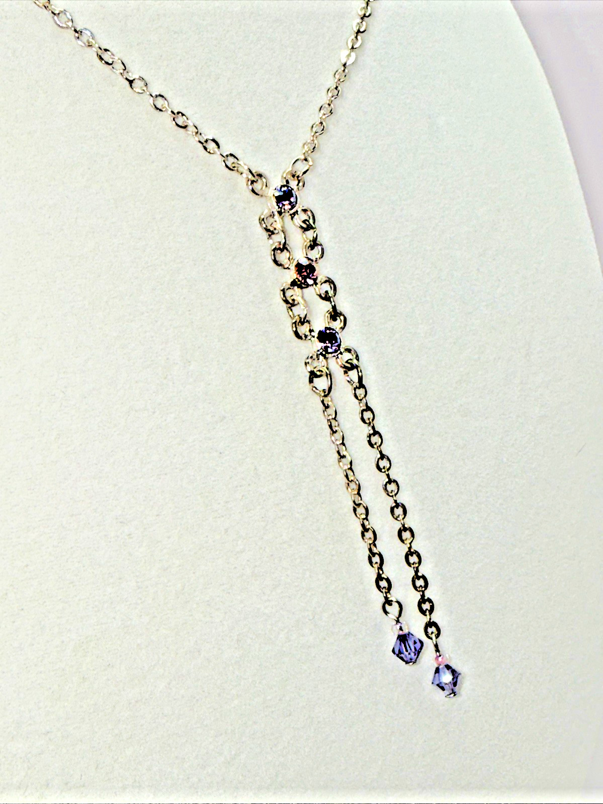 Vintage Silver Tone Purple Crystal Lariat Drop Y Necklace Tassel Boho Chic
