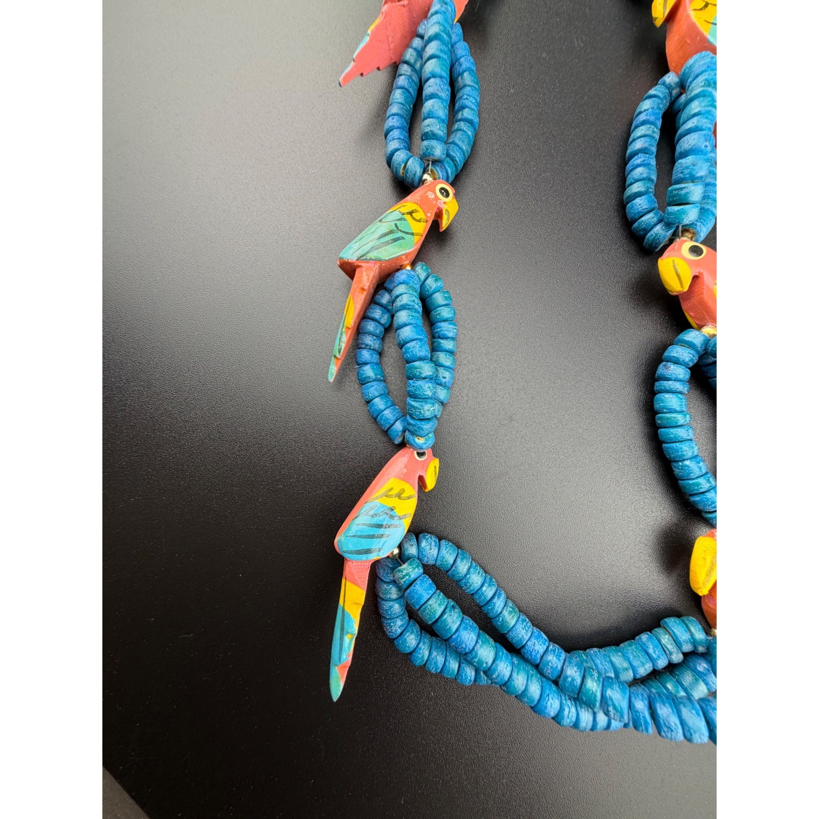 Parrot Bird Wood Bead Necklace Blue Tropical Hand Painted Boho Statement