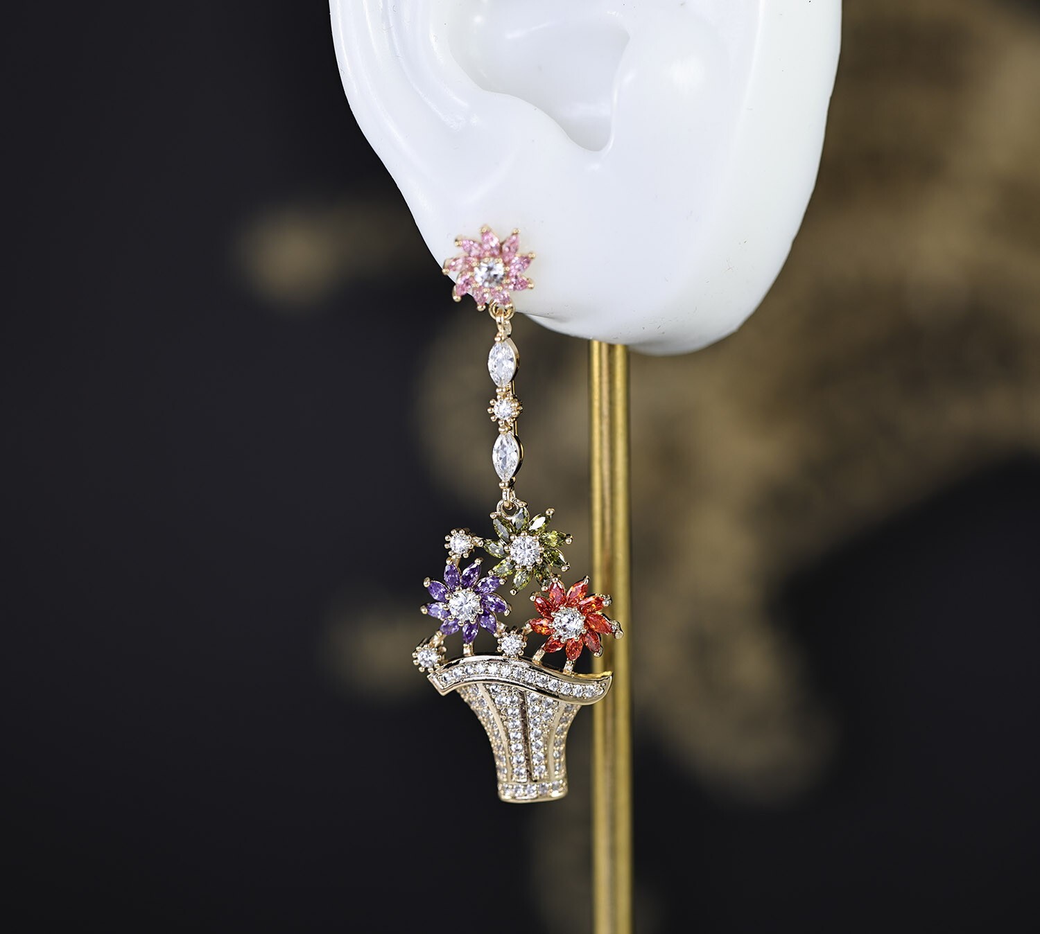 Flower Basket Multi-color CZ Cubic Zirconia Dangle Chandelier Stud Earrings N117