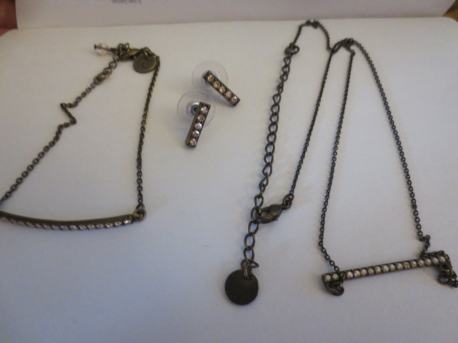 touchstone jewelry pave bar necklace, earrings & bracelet oxidized brass plating