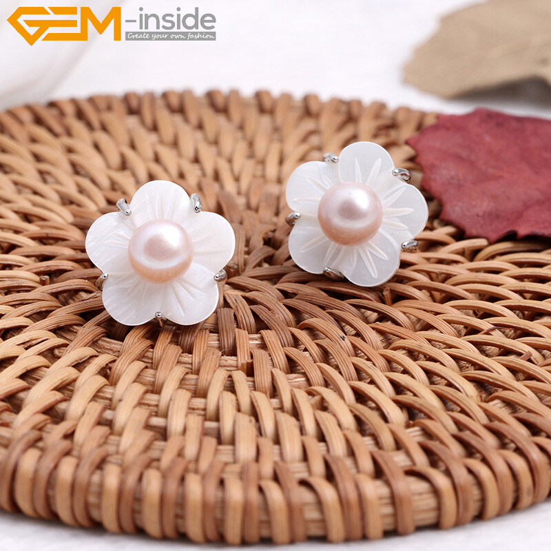 Pretty 6-7mm Freshwater Pearl White Shell Flower Sliver Stud Earring,Colors Pick