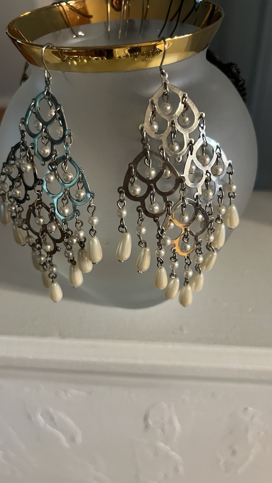 Silvertone Chandelier Dangle Drop Earrings Metal Hook White Drops