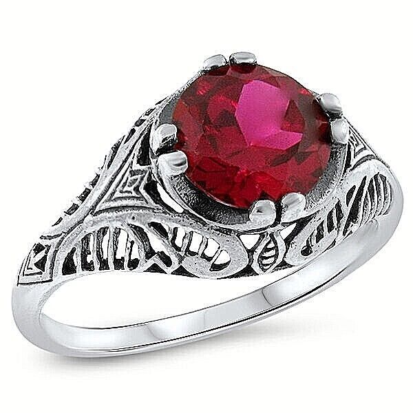 DECO ANTIQUE STYLE 925 STERLING SILVER 2.50 CARAT LAB-CREATED RUBY RING #684