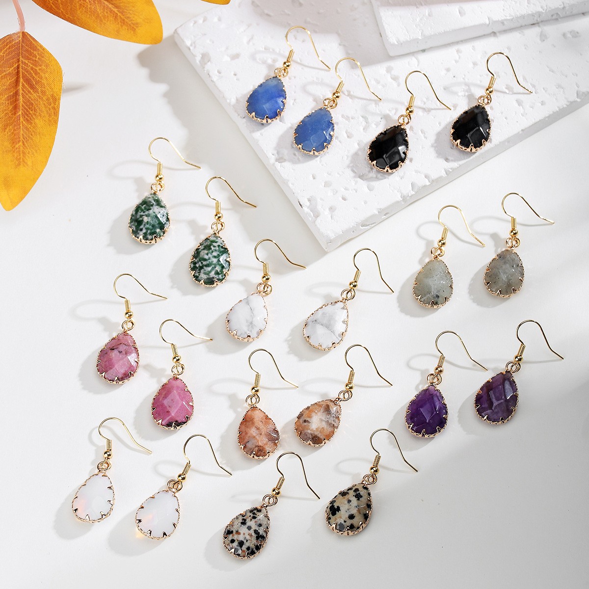 Pretty Multicolor Natural Stone Crystal Agate Water Droplet Gems Hook Earrings