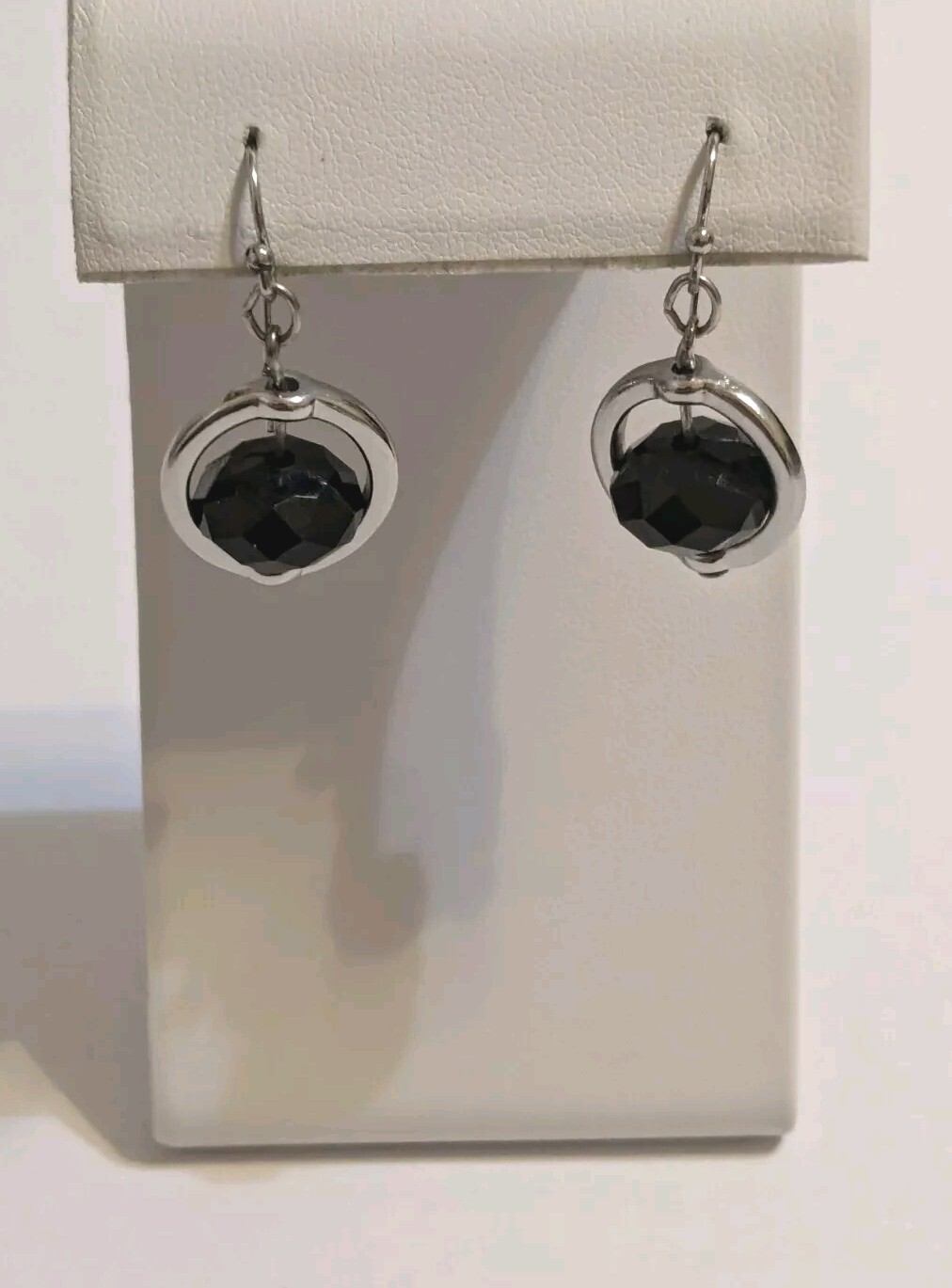 Silver Tone Hook Dangle Open Circle With Black Faceted Acrylic Bead Earrings. 1″