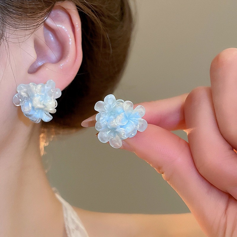 Iridescent Blue Flower Resin Stud Earrings Pastel Ombre Floral Jewelry