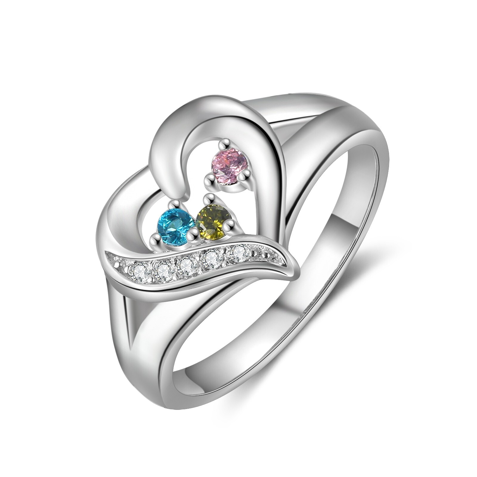 Personalized Engraved 3 Names + 3 Birthstone Heart Mother’s Ring Stainless Steel