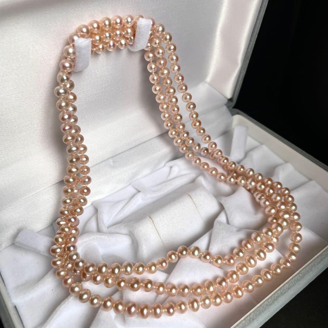 Super Long 120cm Pink Multi Pearl Necklace 5.5mm Round 2 Wrap Silver Clasp Auth