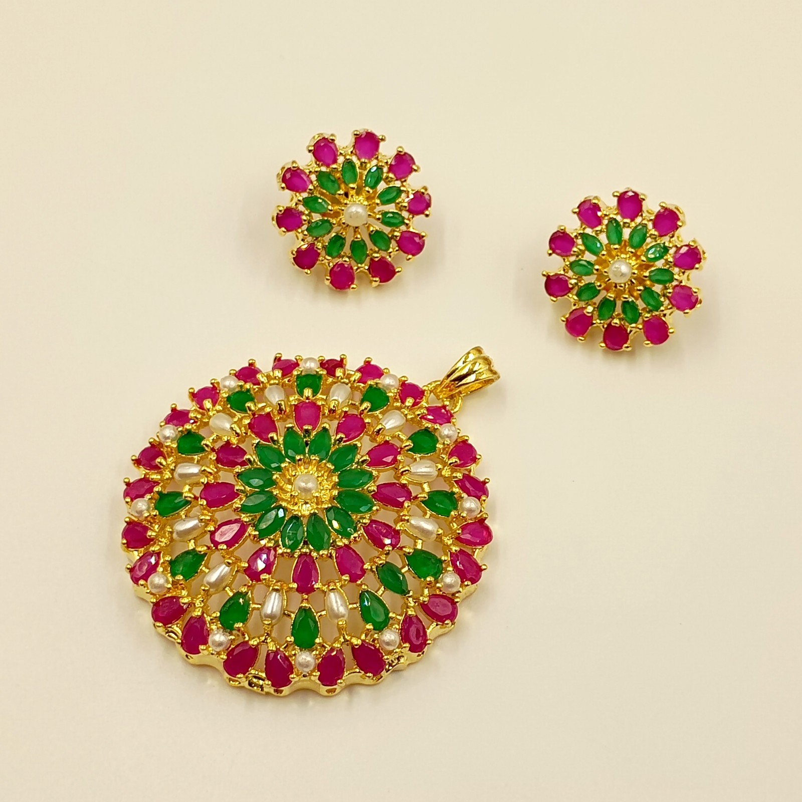 Ruby Emerald & Pearl Pendant Set 22k Gold Plated Traditional Indian Jewelry Gift