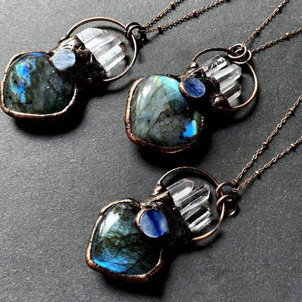 Natural Quartz Crystal Amethyst Labradorite Heart Pendant Necklace Healing USA