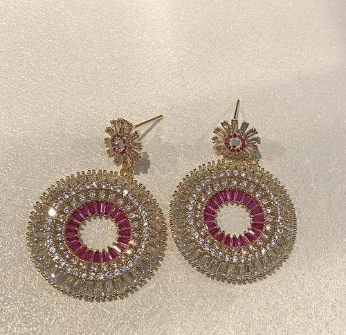 Lab-Created Pink Sapphire Wedding Hoop Chandelier Earrings 18k Gold Plated Gift