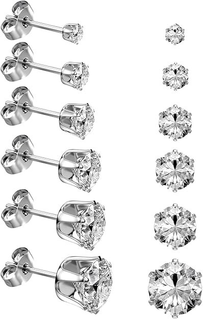 6 Pairs 316L Stainless Steel Stud Earrings CZ 14K Gold Plated Hypoallergenic