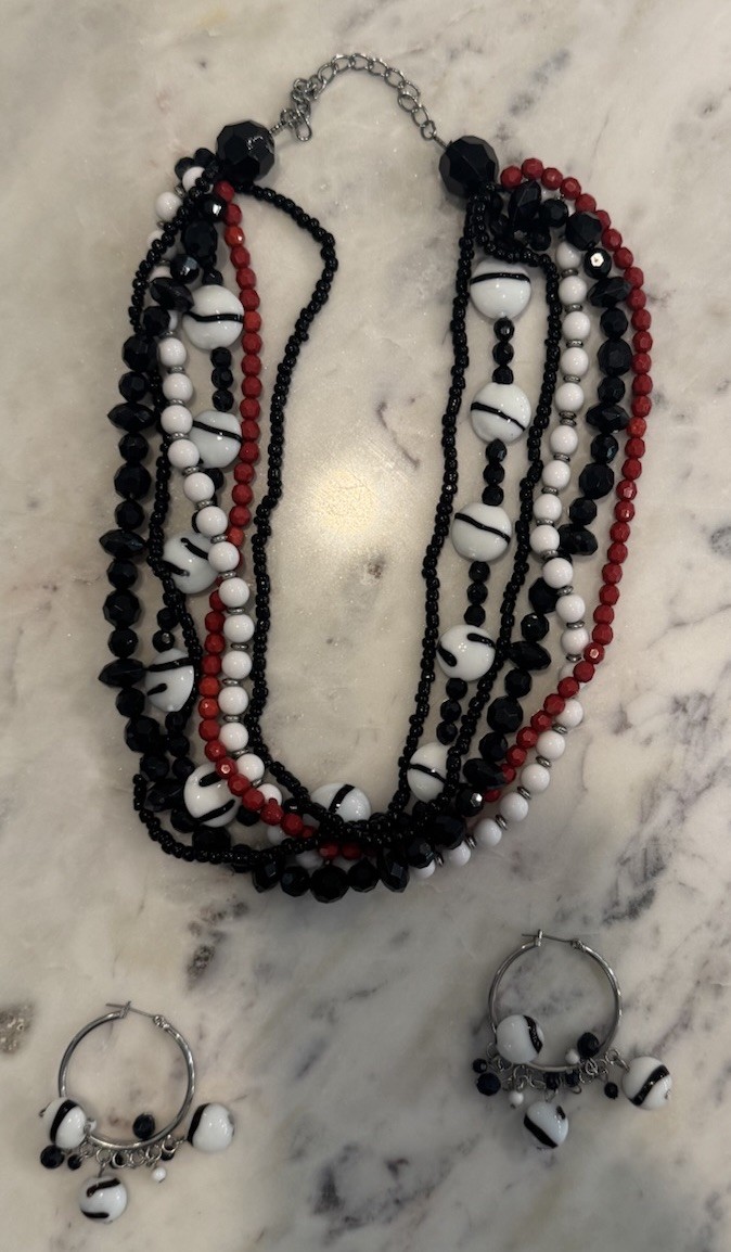 Black White Red Multi Strand Bead Necklace Adjustable 9″-11″ Drop Hoop Earrings