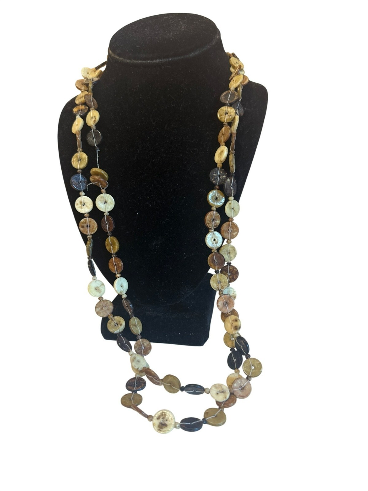 Button Necklace Natural Brown Shell Beaded Long Layered Strand Earthy Hippie