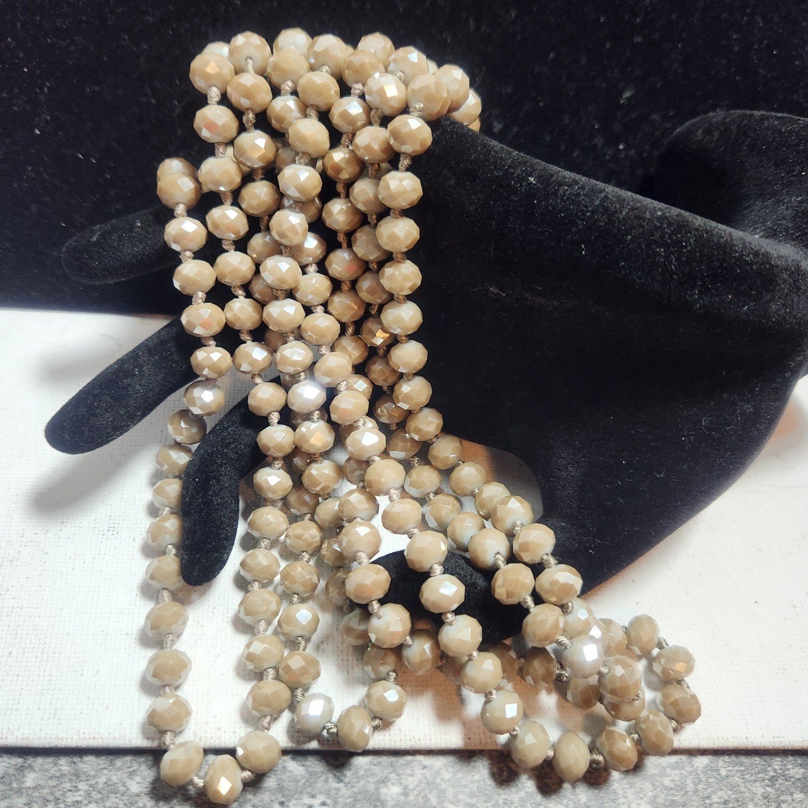 Champagne Iridescent Faceted Glass Bead Hand Knotted Long Rope Necklace 62 Inch