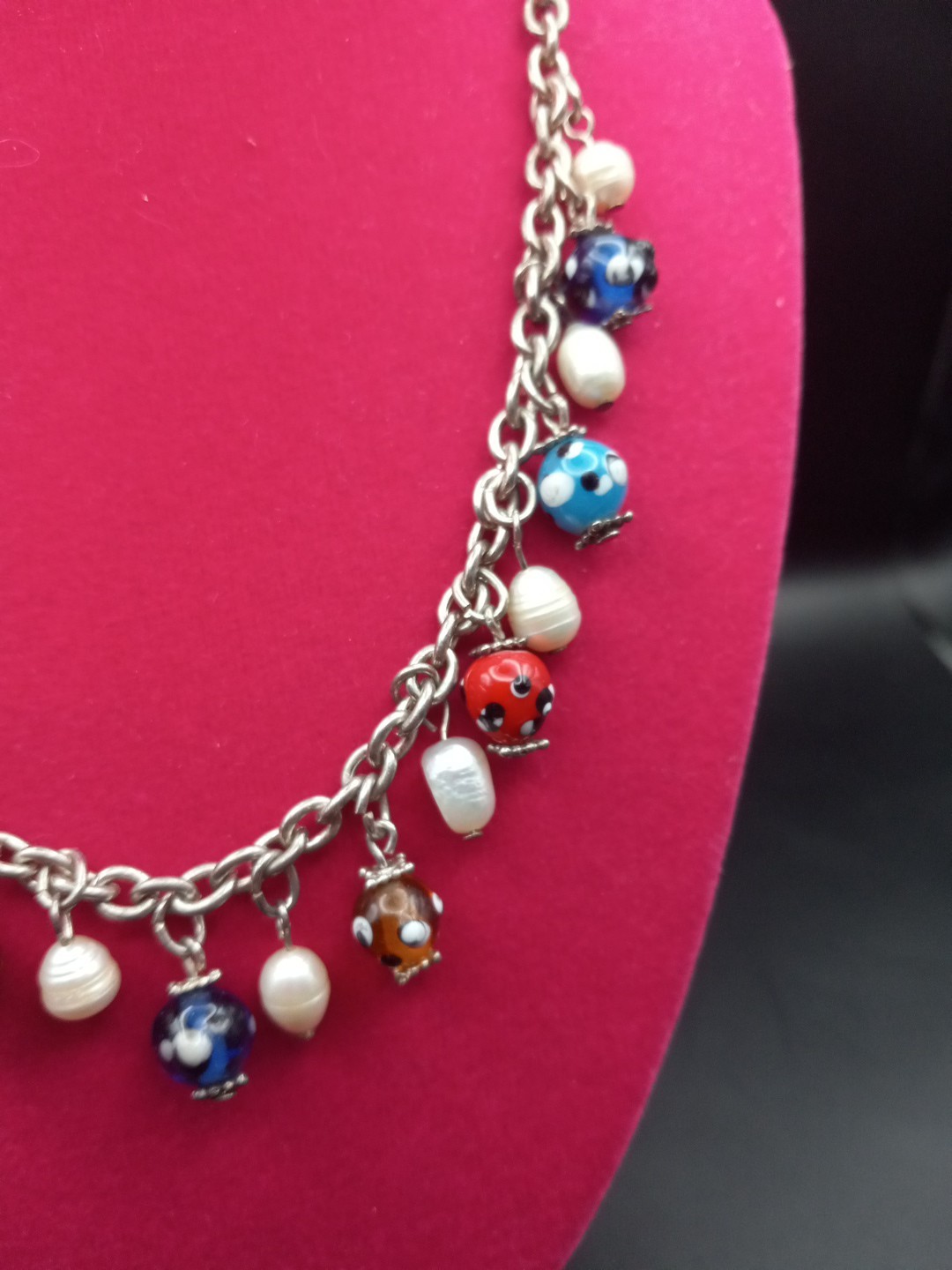 Venetian Glass Multcolor Beads With Pearl’s Silver Tone Chain Necklace 17in