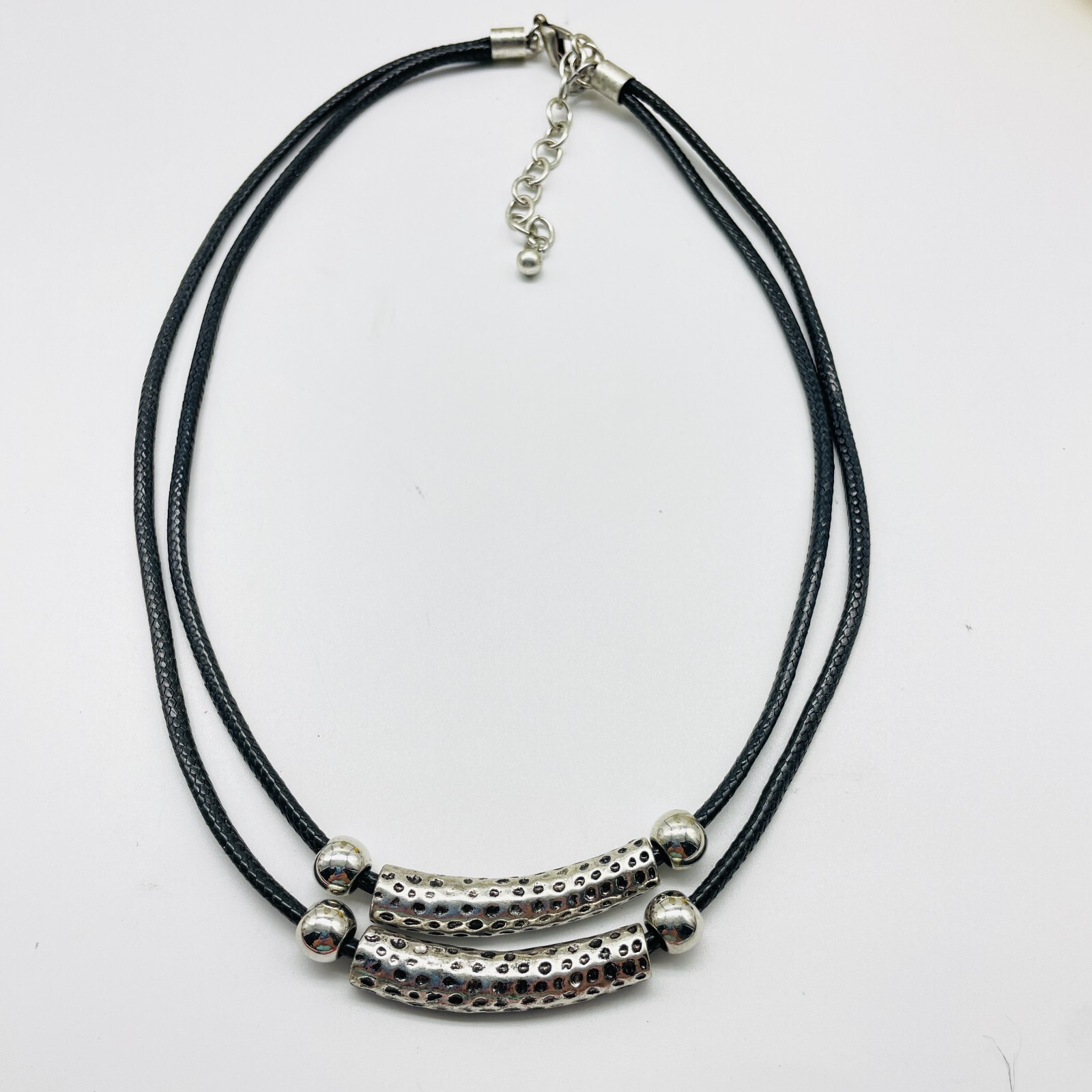 Black Cord Necklace Silver Tone Bar Pendant Layered Statement Necklace