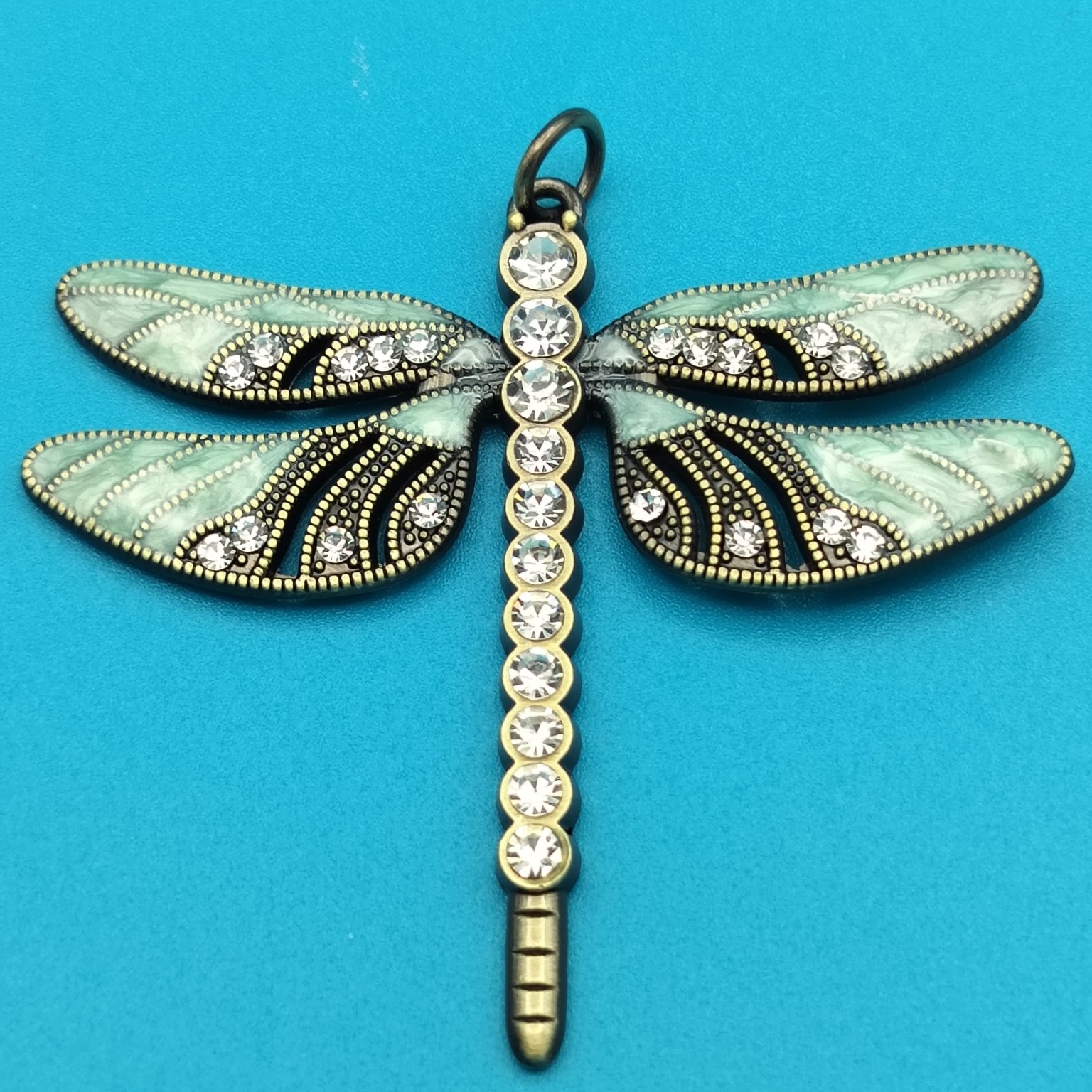 Dragonfly Pendant Charm Approx 2.5″ Long Teal Enamel Rhinestone Antique Bronze