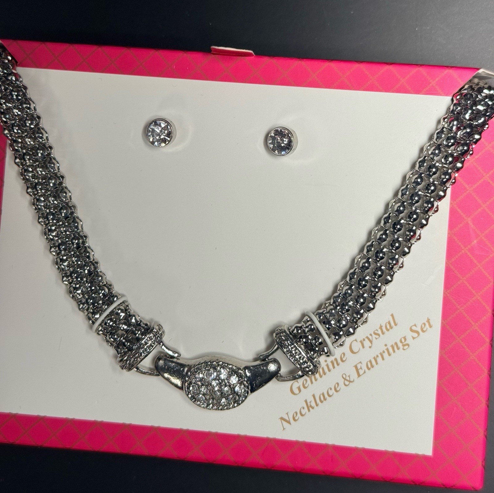 Silver Tone Crystal Necklace Earring Set Rhinestone Toggle Clasp Gift Box NWOT