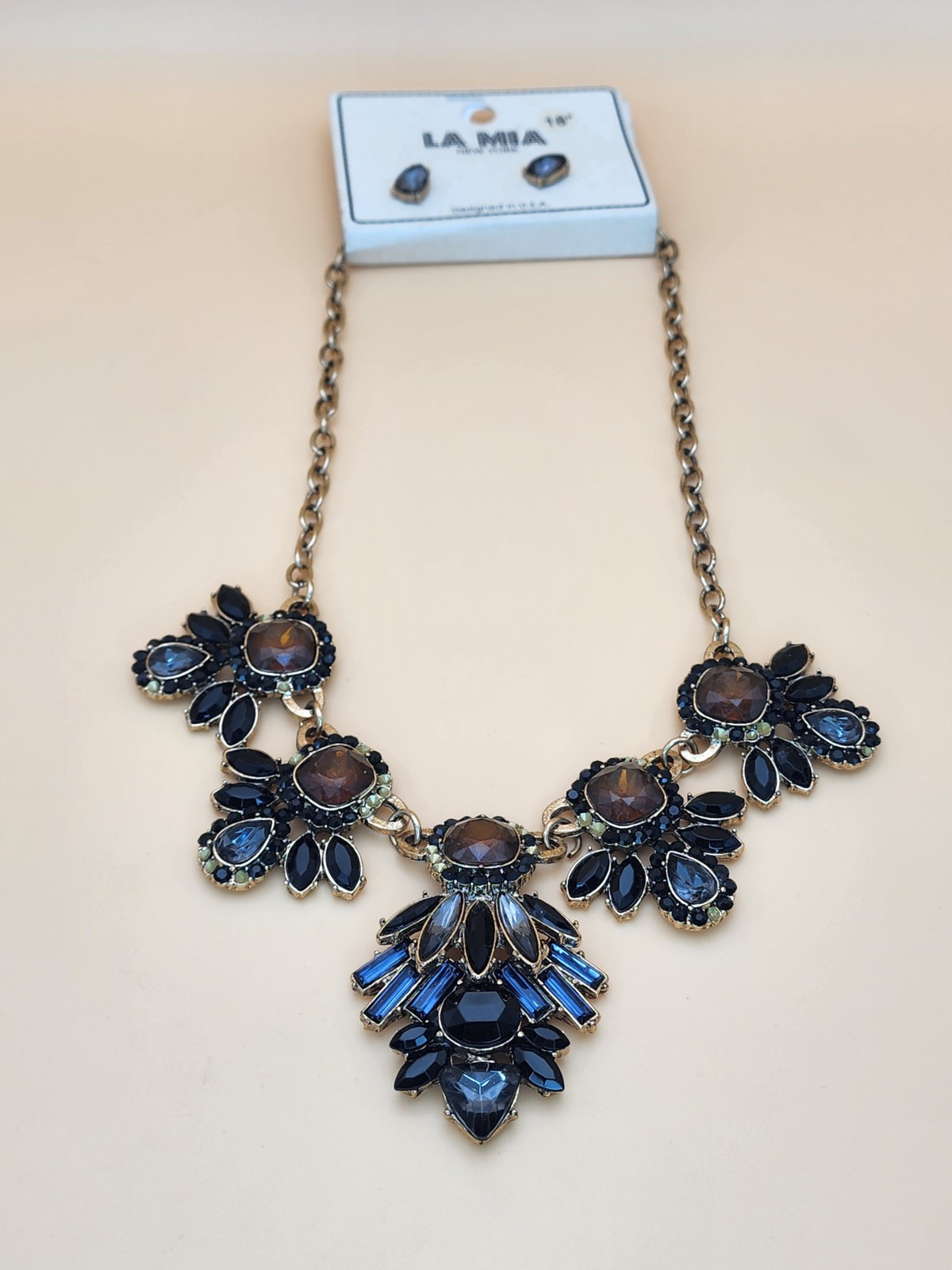 New LA MIA Signed Crystal Gold Tone Statement Necklace Brown Black Blue & Clear