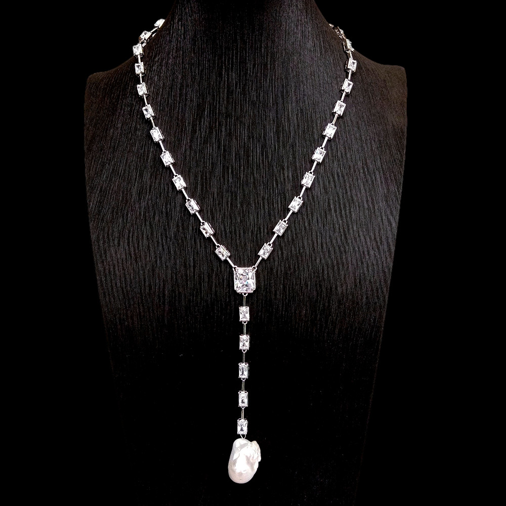 Rectangle Cubic Zirconia White Gold Plated Cultured White Keshi Pearl Necklace