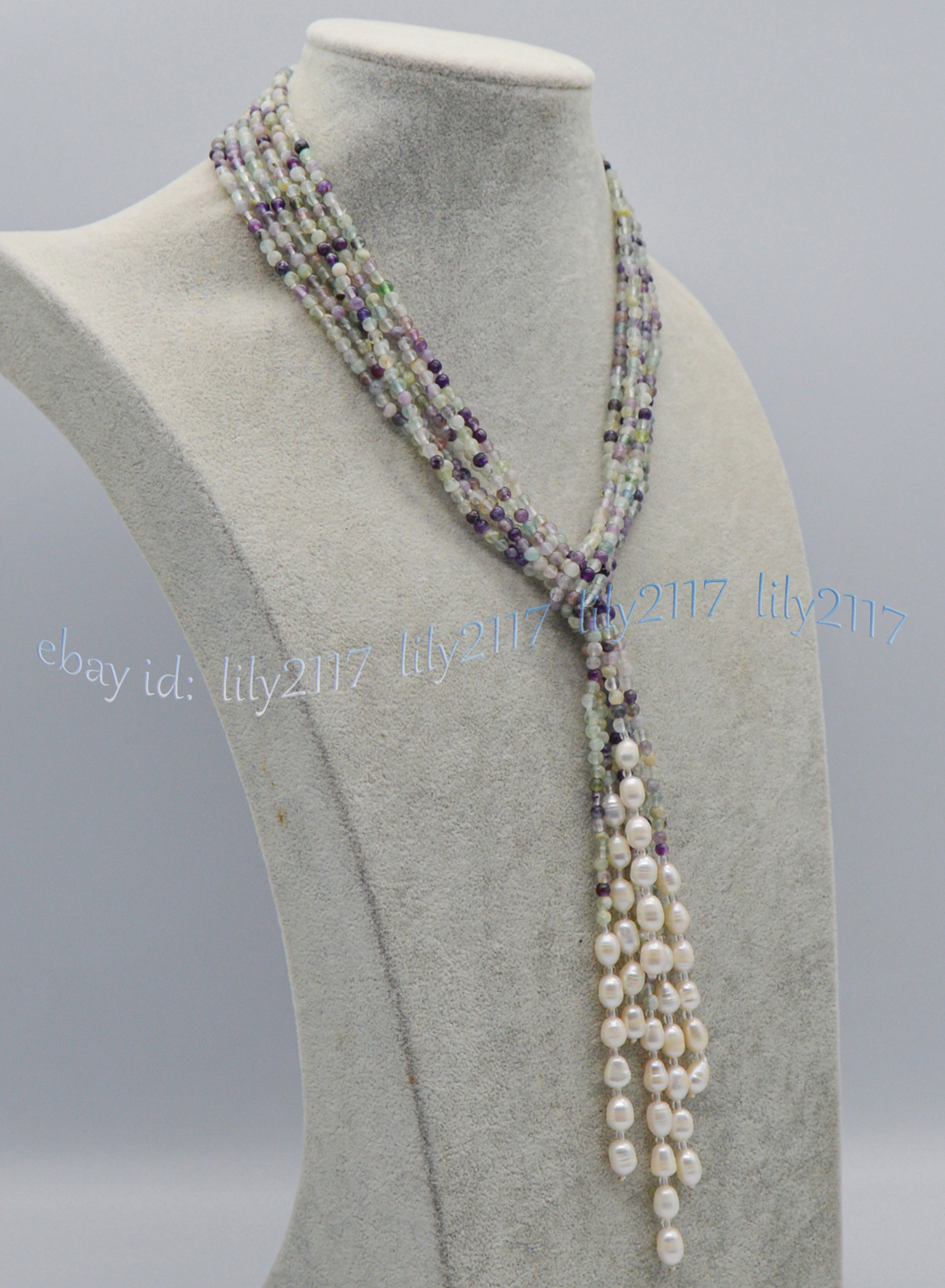 3 Strands 4mm Multicolor Fluorite White Freshwater Rice Pearl Lariat Necklace