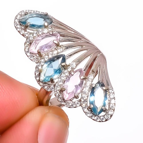Tanzanite Quartz & Rose Quartz Gemstone 925 Silver Plated Ring s.6 R5861-46
