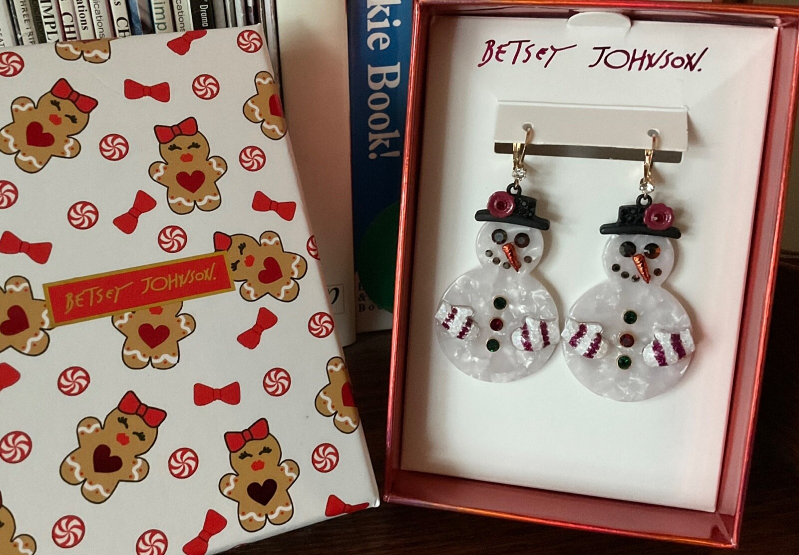 Betsey Johnson Signed Snowman Dangle Earrings Statement Big Fun Festive