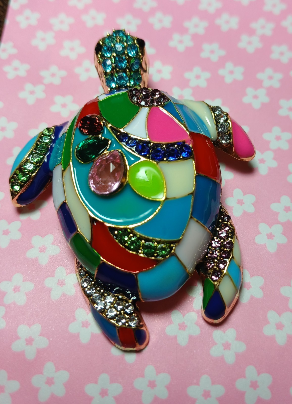 Beauiful Large Sea Turtle Brooch Multi Coloured Rhinestones In Gift Bag