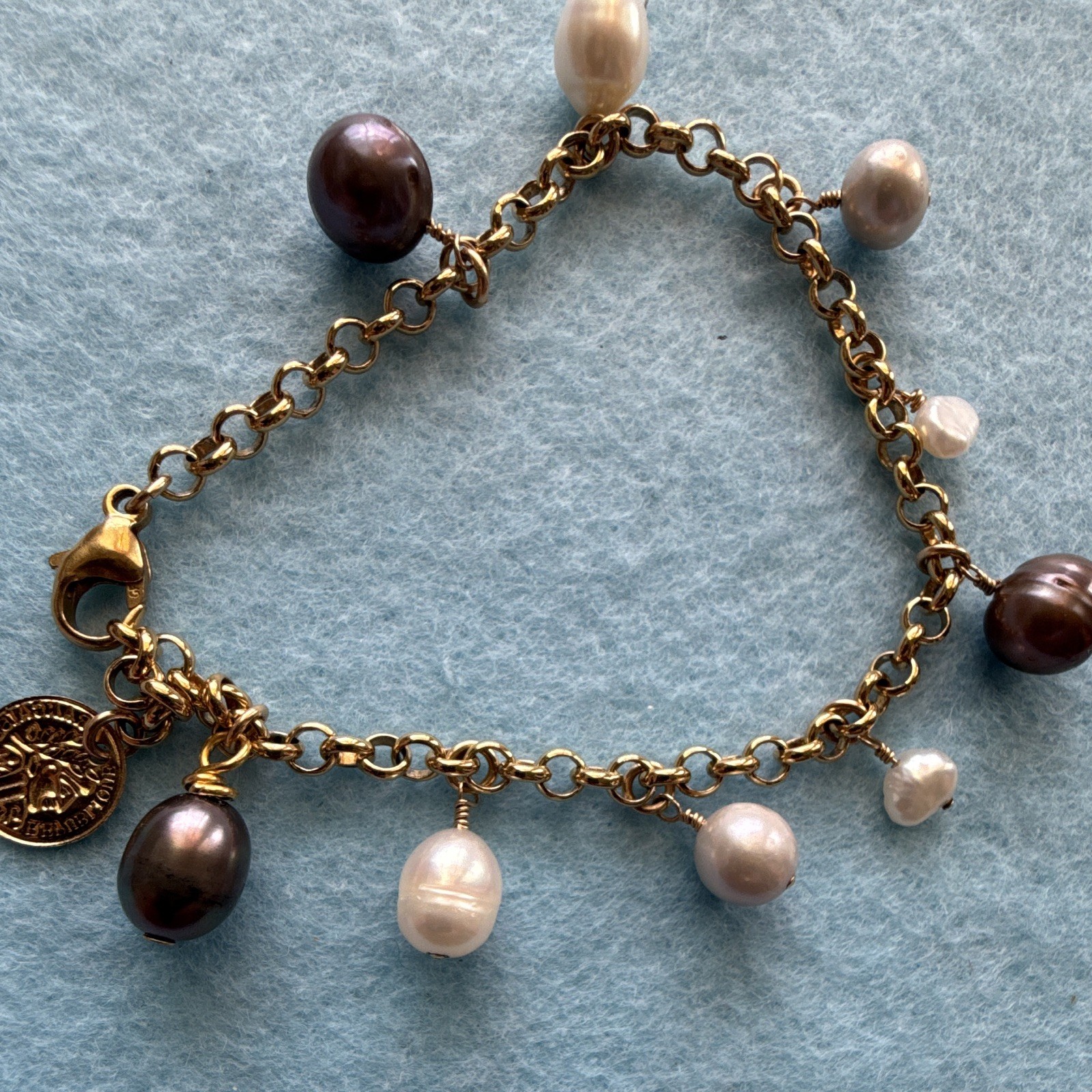 Gold filled Rolo Chain Charm Bracelet Lobster Clasp Baroque Pearl Dangles