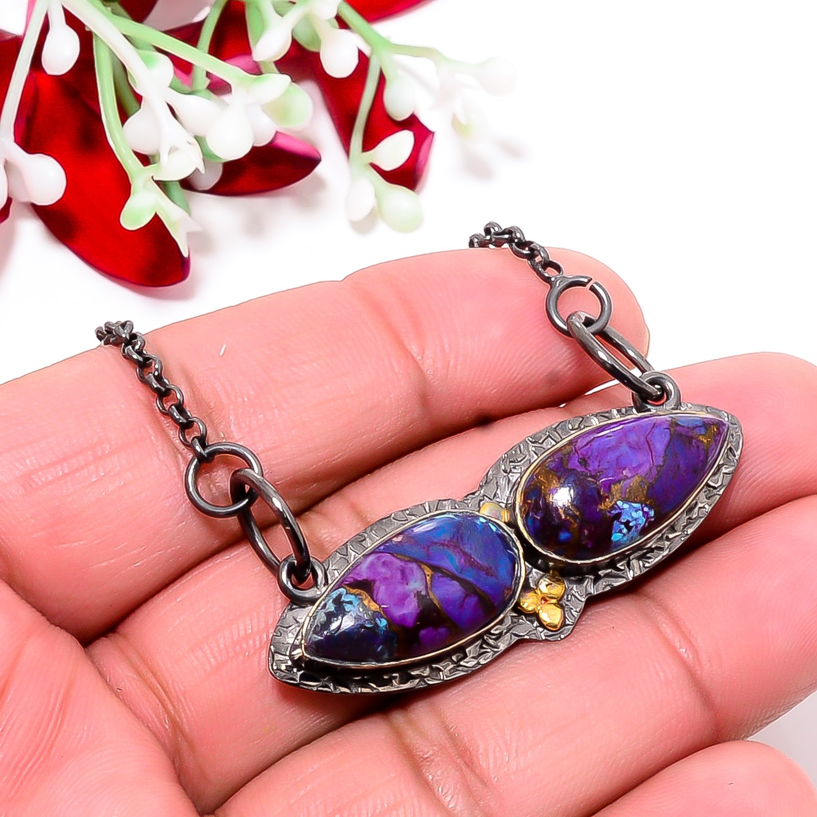 Copper Purple Turquoise Black And Gold Rhodium 925 Silver Pendant 18-22″ Cp7