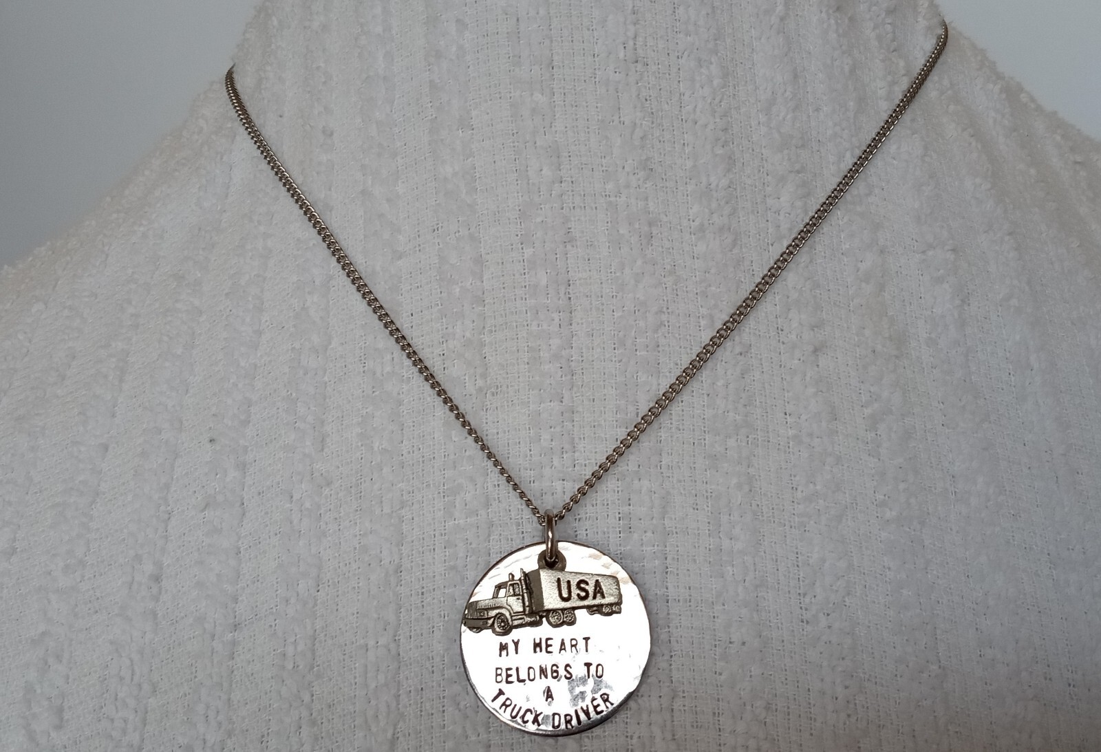 Silvertone Hand Stamped “My Heart Belongs To A Truck Driver” Necklace 18 in