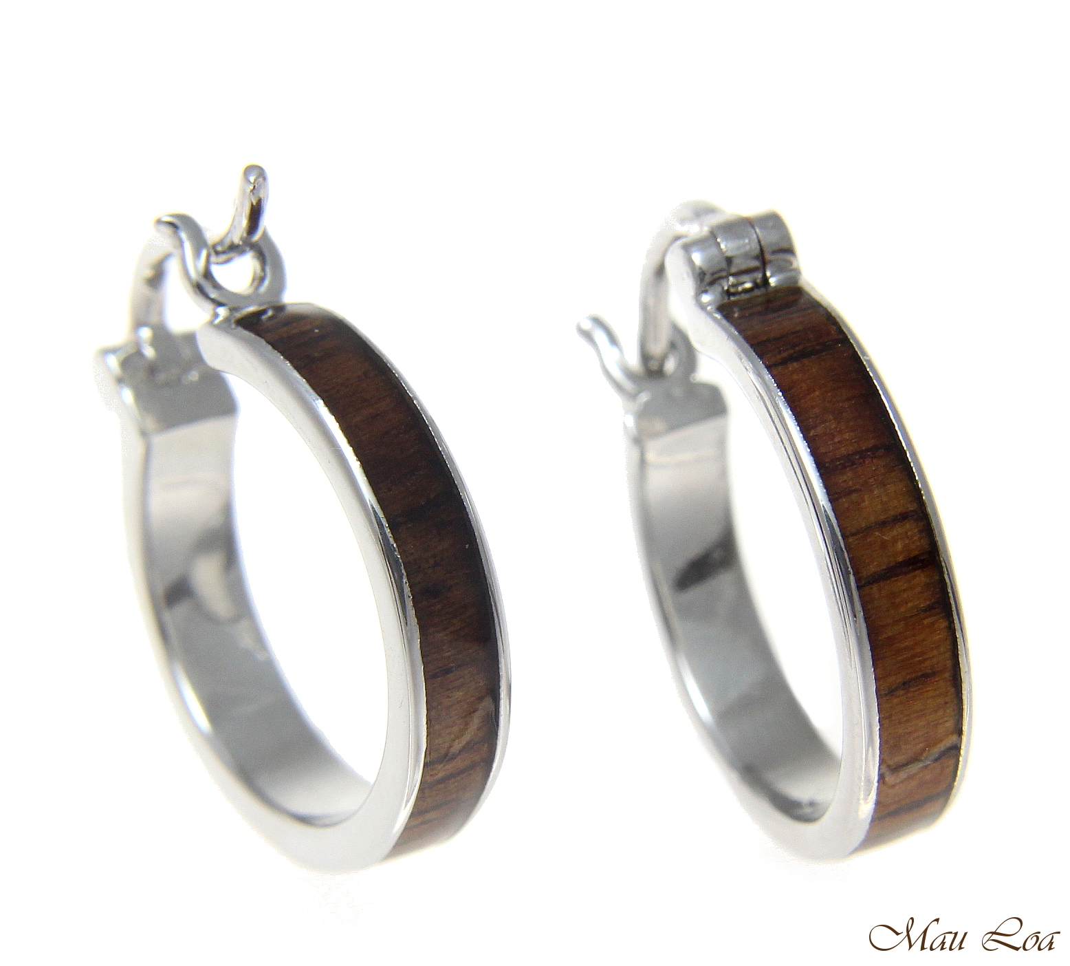 Koa Wood Hawaiian Rhodium Plated Brass 19mm Round Hoop Snap Closure Earrings