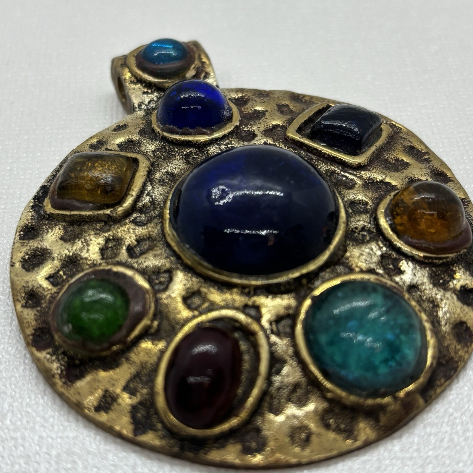 Multi Stone Cabochon Round Pendant Hammered Brass Metal Artisan Boho
