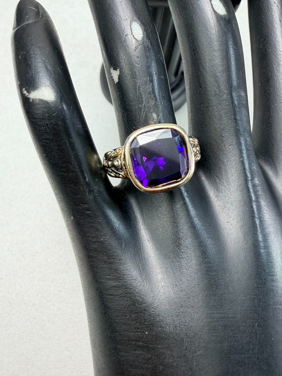 Bold Purple Crystal Ring Two Tone Statement Faceted Stone Size 10